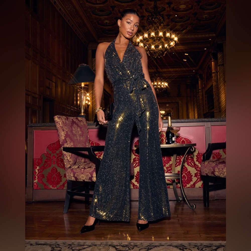 Vici Black Gold Sparkle Halter Jumpsuit